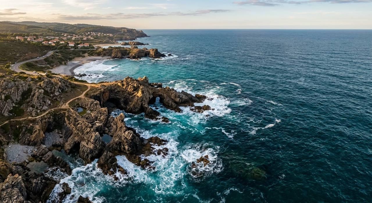 Aerial view of a rocky coastline and turquoise sea at sunset