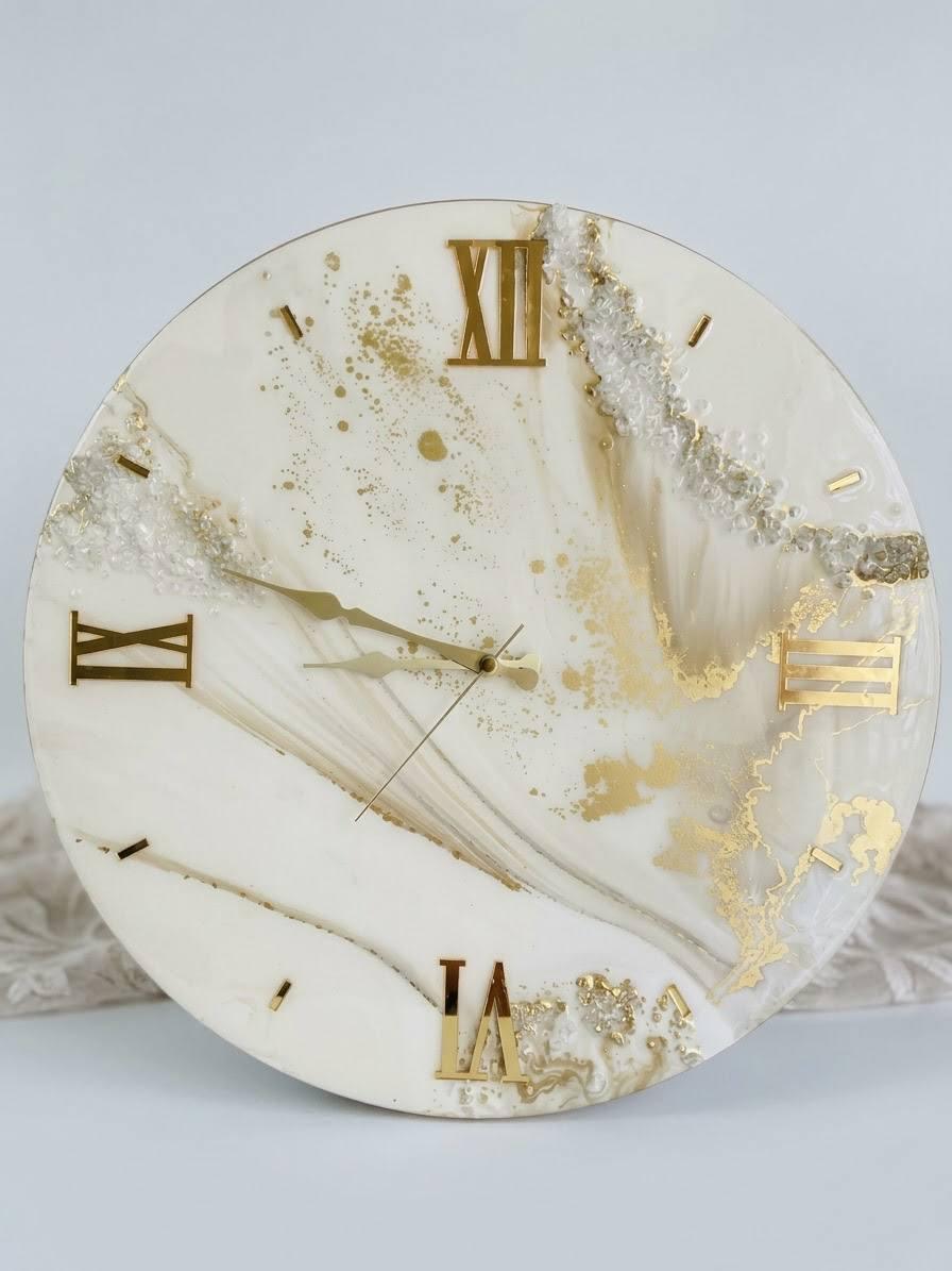 Golden Serenity resin wall clock, front view