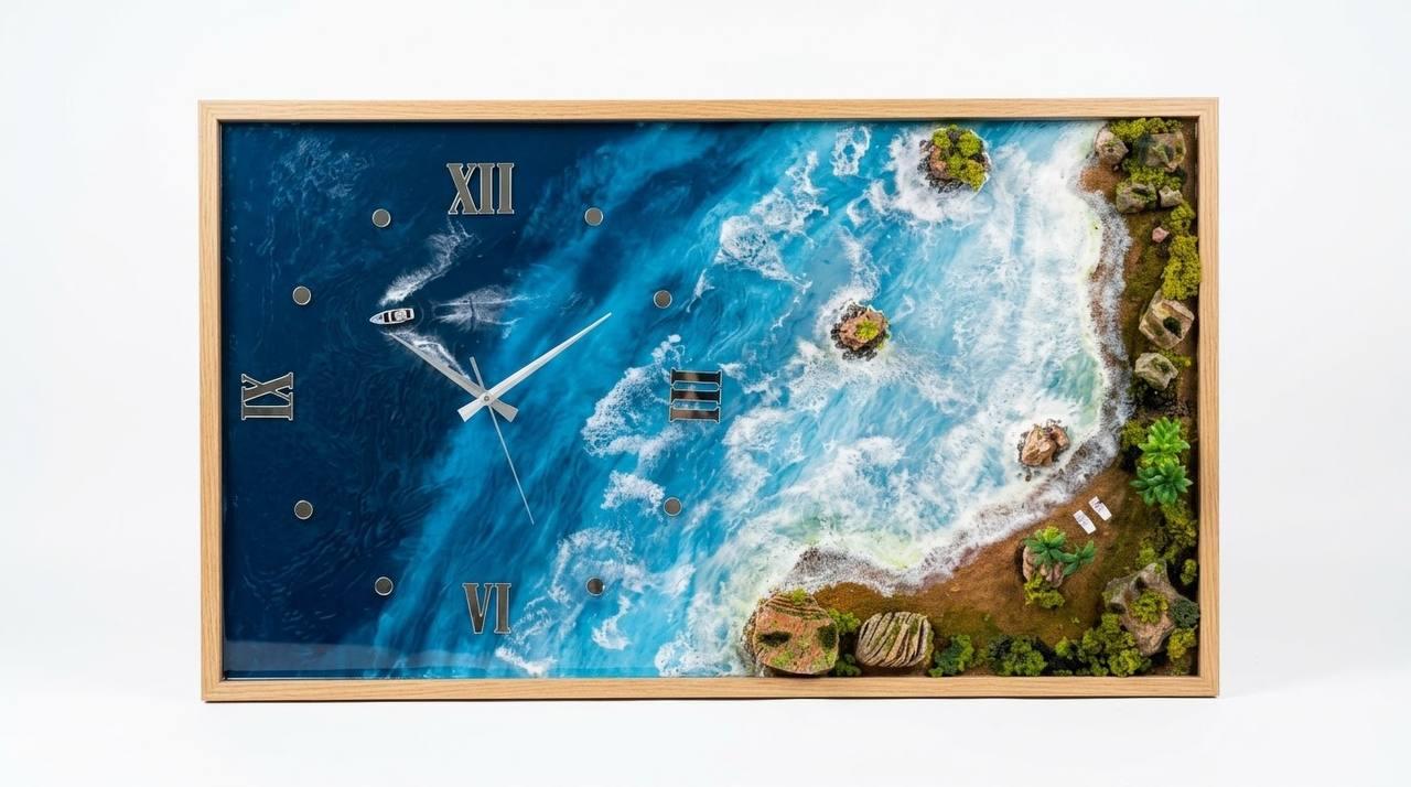 Ocean Shore epoxy wall clock, front view