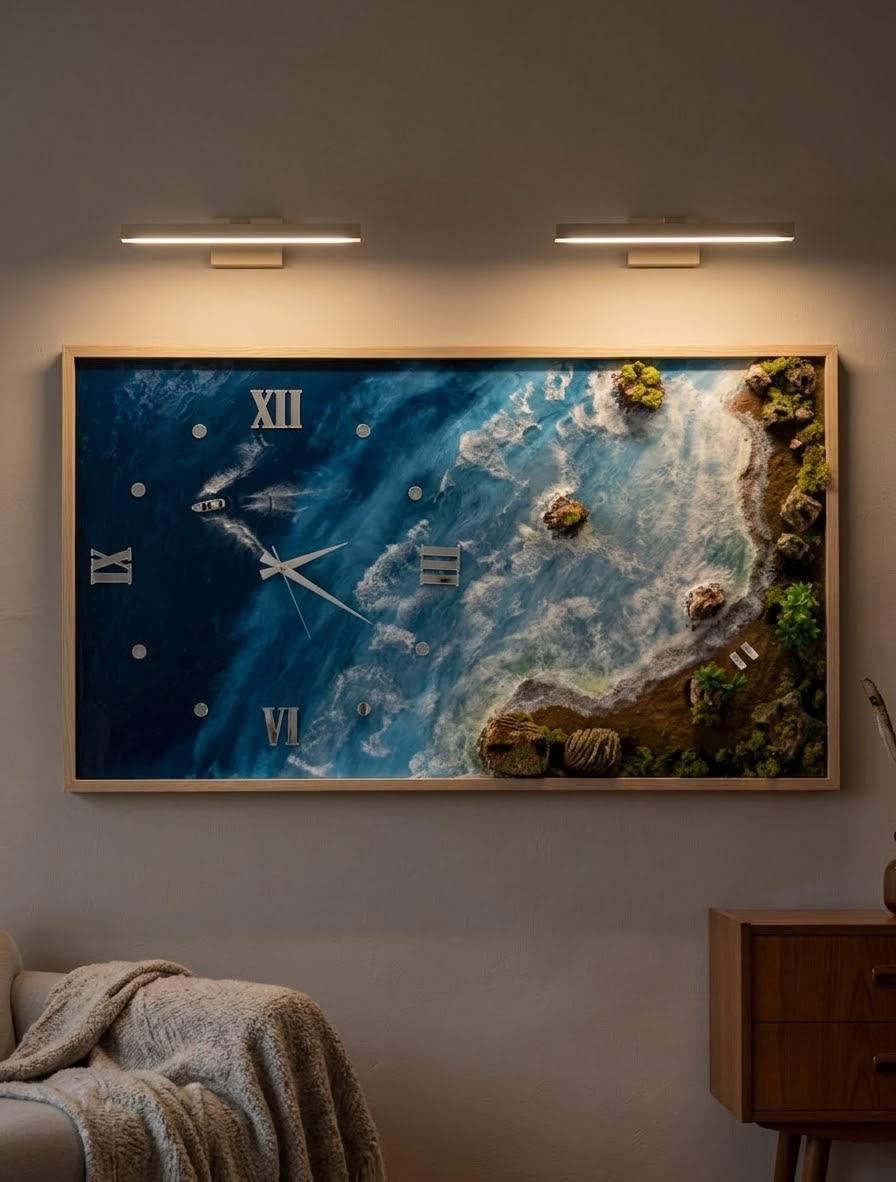Ocean Shore clock above a sideboard with picture lights