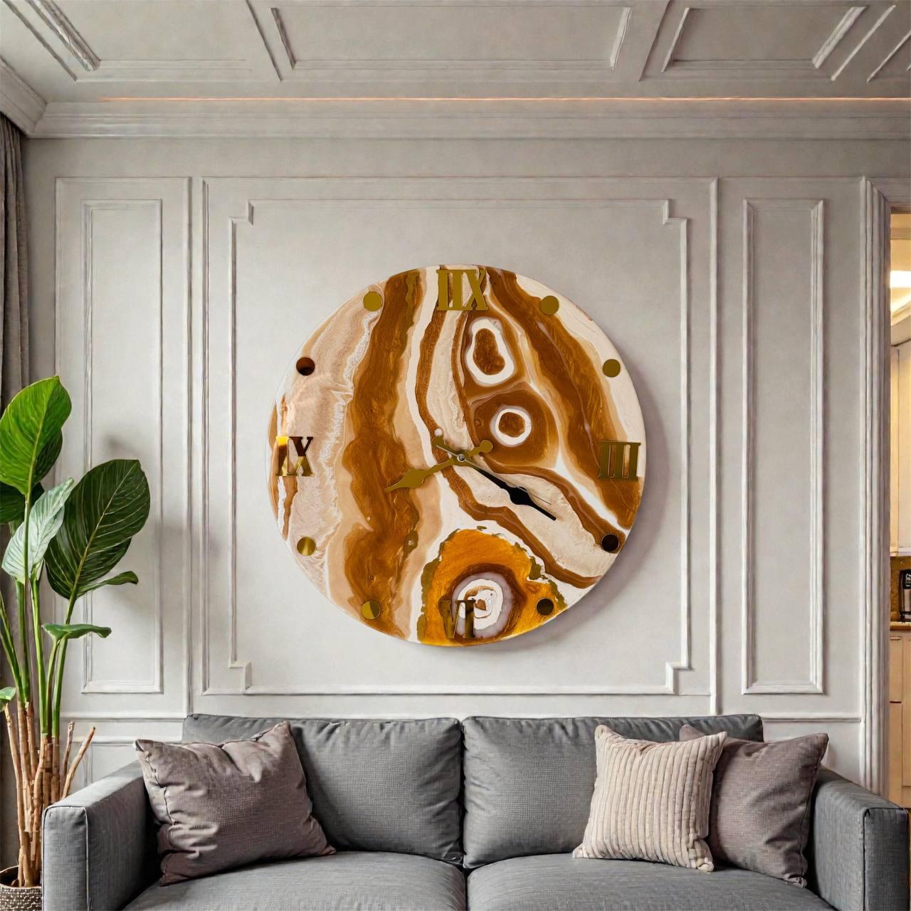Royal Amber resin clock on a panelled wall above a grey sofa