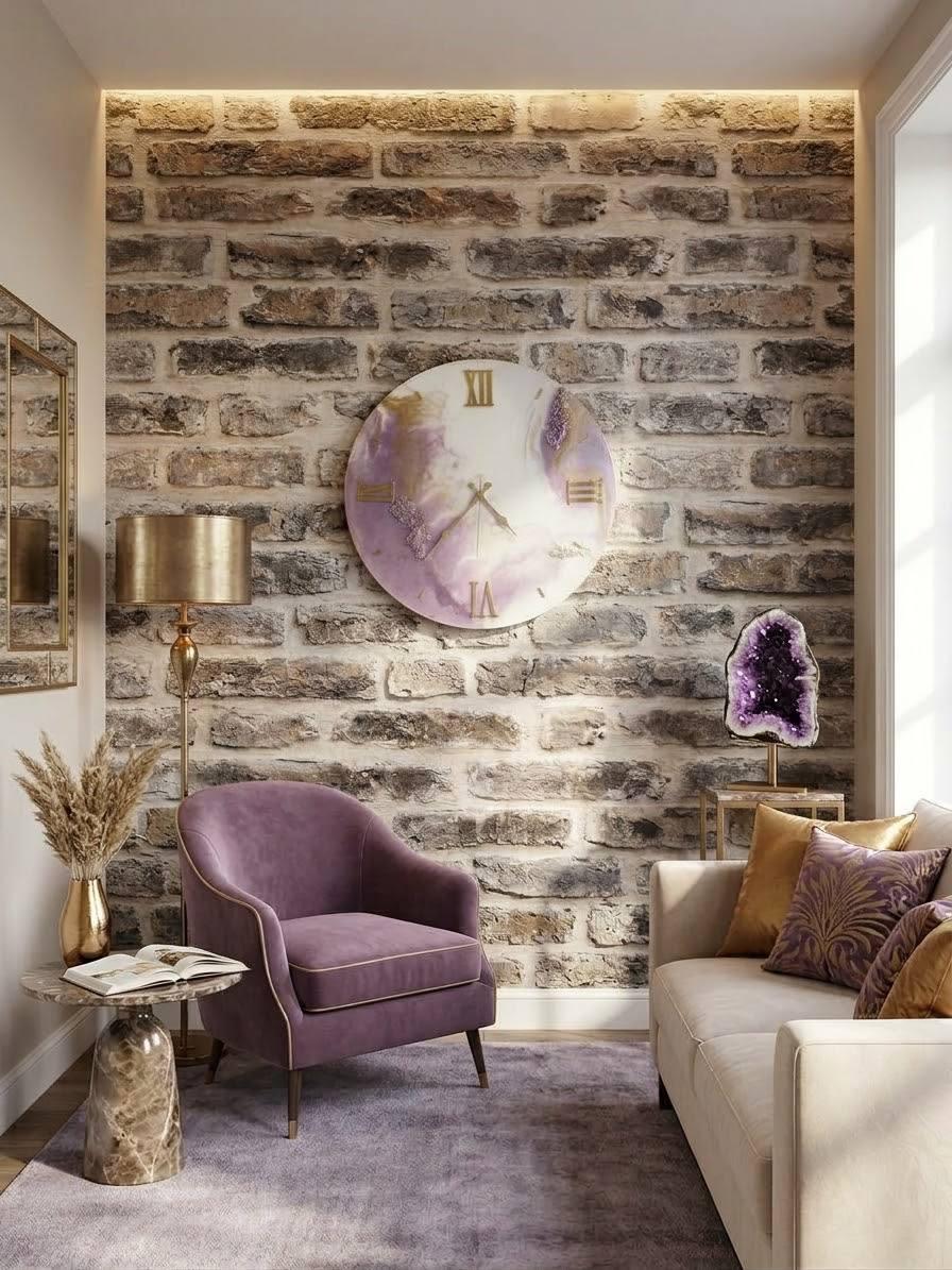 Royal Amethyst clock on a brick wall beside a purple velvet armchair